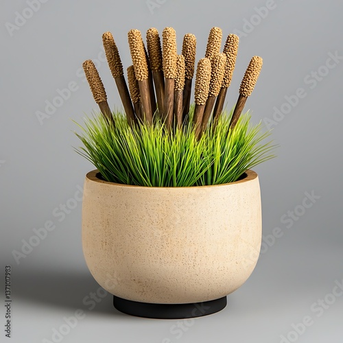 Beige Potted Cattails  Grass.