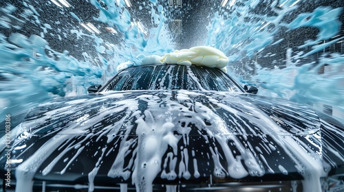 Car wash with foam and water Full Foam splattering as foam and water mix together, forming unique abstract patterns on the hood of a futuristic car