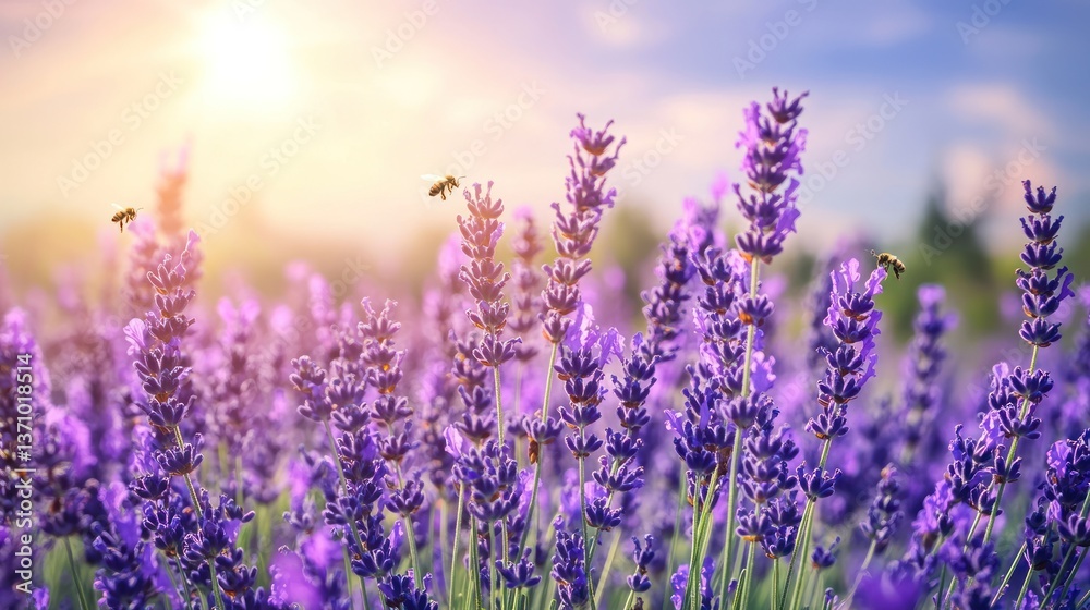 Obraz premium Lavender Field Blooming with Bees in Sunlight Landscape Photography