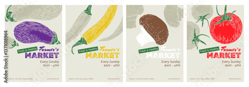Vegetables. Set of Trendy posters, covers, banners, flyer for farmers market. Design template Hand-drawn sketch food to the harvest fair collection. Vector illustration eggplant, chilli paper, mushroo