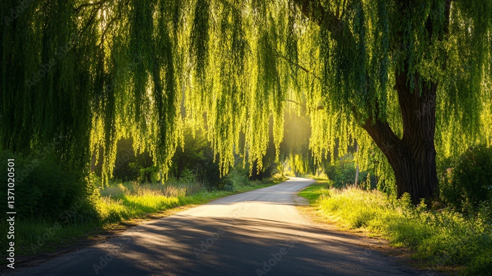 Obraz premium Sunlit path through a lush, weeping willow tree canopy in a serene setting.