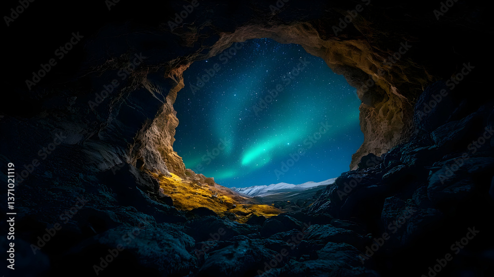 Cave Opening To Starry Night Sky With Aurora Borealis Cave Opening To Starry Night Sky With Aurora Borealis