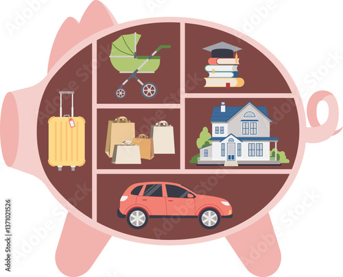 Financial planning concept with piggy bank. Savings. Piggy bank with saving categories. Hand drawn vector illustration.