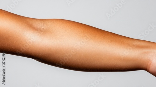 Close-up of a woman's tan arm with subtle shadows, showing texture