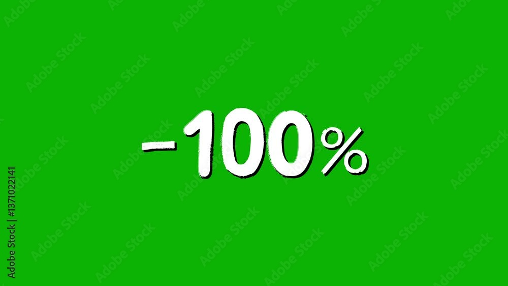 Animated white discount lettering for the “-100%” promotion in a sloppy font on a green screen on a chromakey background Animated white discount lettering for the “-100%” promotion in a sloppy font on a green screen on a chromakey background