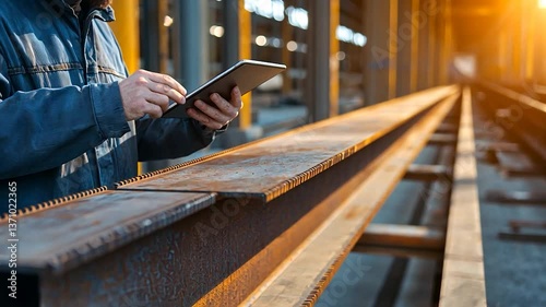 Worker using a tablet in a steel fabrication facility during sunset, showcasing industrial activity