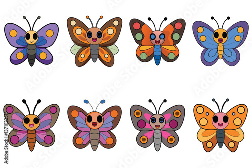 Colorful set of vector butterflies in a seamless nature design with flowers 