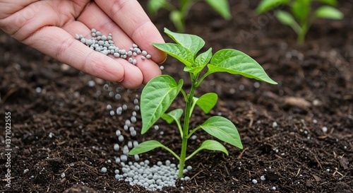 Nurturing Growth: A close-up shot showcases a hand carefully scattering fertilizer around a vibrant, young plant in rich soil.