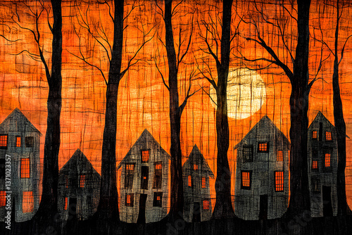 Spooky Halloween background featuring haunted houses under a full moon, creating a haunting atmosphere