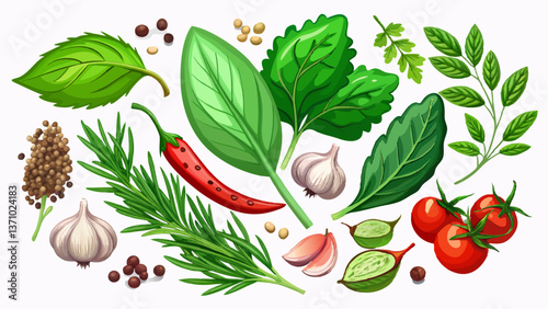 Set of fresh green herbs and spices isolated on white background, tomatoes, basil leaf, bay leaf, black pepper, rosemary, cardamom, cilantro, garlic, top