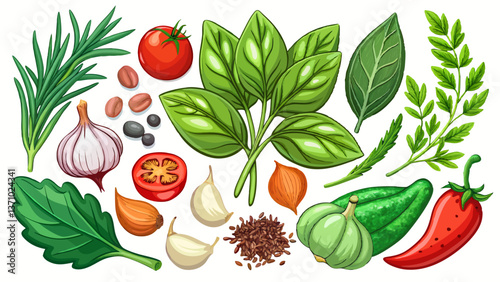 Set of fresh green herbs and spices isolated on white background, tomatoes, basil leaf, bay leaf, black pepper, rosemary, cardamom, cilantro, garlic, top