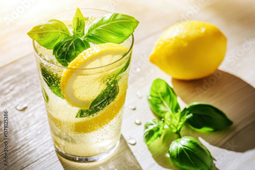 Refreshing summer drink with lemon slices and basil leaves. Glass of sparkling lemonade with basil. Summer organic lifestyle.  
