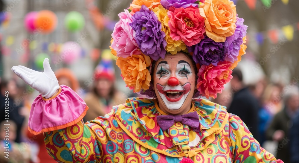 Joyful Clown at a Festive Parade - A smiling clown in a vibrant costume waves at a parade, surrounded by cheerful onlookers. Flowers adorn their whimsical hat Joyful Clown at a Festive Parade - A smiling clown in a vibrant costume waves at a parade, surrounded by cheerful onlookers. Flowers adorn their whimsical hat