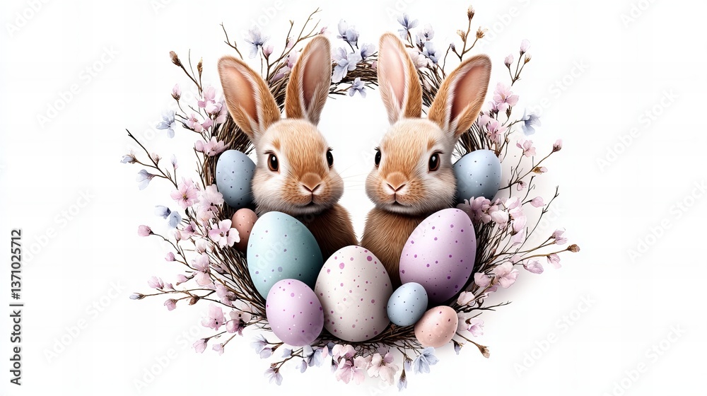 Obraz premium Two Easter bunnies are nestled within a wreath of pastel eggs and delicate floral branches on a white background.