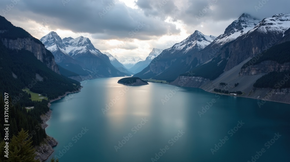 Obraz premium Aerial view of Lake Oeschinen at dawn with overcast skies. The serene lake mirrors the rugged Swiss Alps, with mist swirling over the water in the early morning.