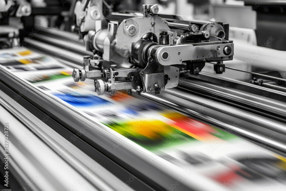 Fototapeta premium Dynamic black and white image of a modern printing press with colorful paper in motion