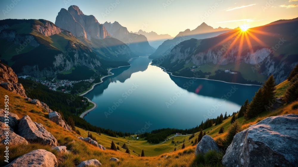 Obraz premium Aerial dusk view of Lake Cauma glowing under golden sunlight. The warm tones contrast with the deep greens and blues of the water and forest, creating a breathtaking landscape.