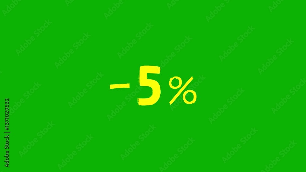 Animated yellow discount lettering for the “-5%” promotion in a sloppy font on a green screen on a chromakey background Animated yellow discount lettering for the “-5%” promotion in a sloppy font on a green screen on a chromakey background