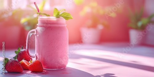 Refreshing strawberry smoothie in a mason jar on a sunny afternoon with fresh fruits nearby