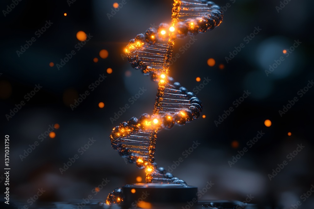 Obraz premium Glowing DNA Helix in Futuristic Blue and Orange Digital Background for Science Design