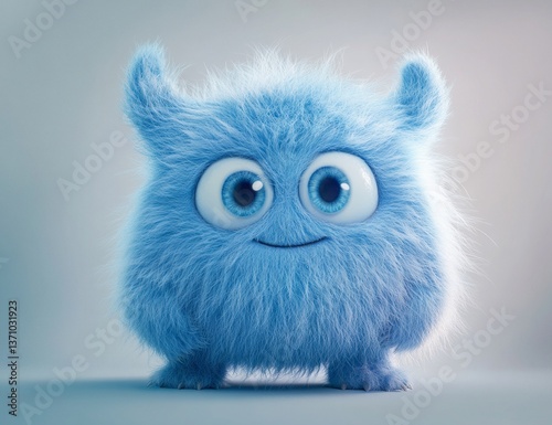 Adorable fluffy blue monster with big, bright eyes.  A cute, friendly digital creation.