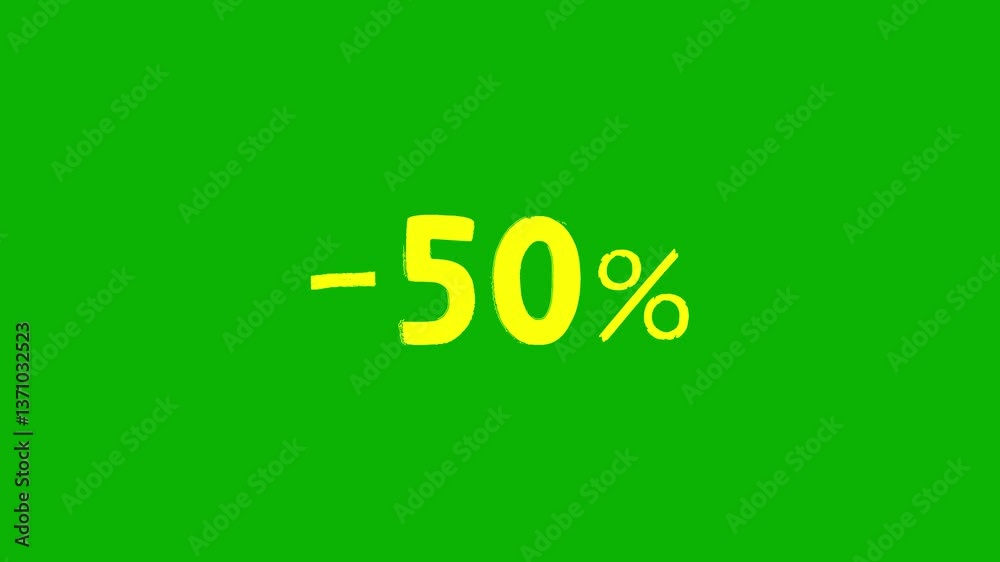 Animated yellow discount lettering for the “-50%” promotion in a sloppy font on a green screen on a chromakey background Animated yellow discount lettering for the “-50%” promotion in a sloppy font on a green screen on a chromakey background