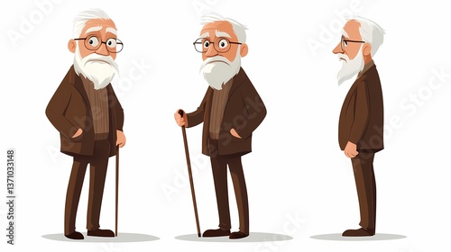 Senior man with glasses in various poses, holding a walking stick