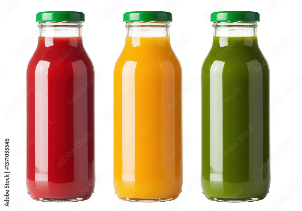Set of glass juice bottles with green caps isolated on transparent background Set of glass juice bottles with green caps isolated on transparent background