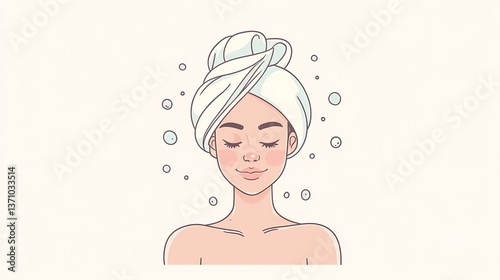 Woman with towel on her head relaxing after a spa day or a shower.