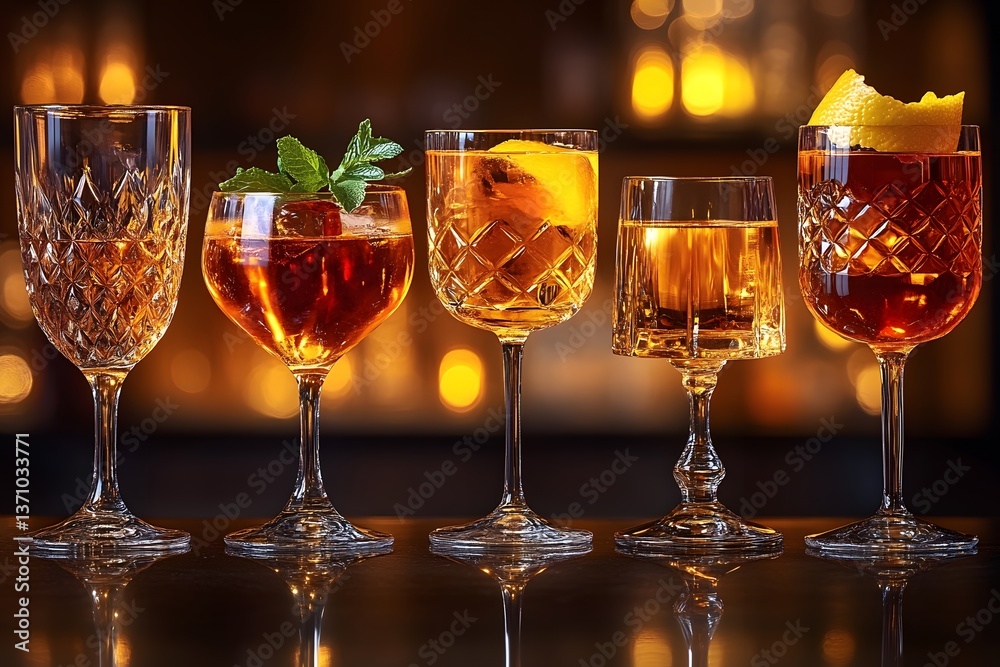 Elegant Glassware Display with Assorted Cocktails and Vibrant Garnishes in Warm Lighting Elegant Glassware Display with Assorted Cocktails and Vibrant Garnishes in Warm Lighting