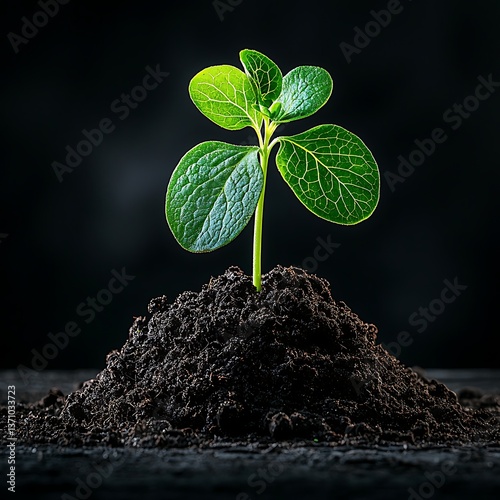 New sprout with soil, growth, and dark background.