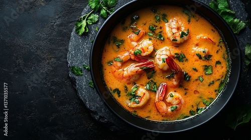 Spicy shrimp soup in a black bowl on a dark background with copy space, vibrant and flavorful, representing Asian seafood cuisine with copy space