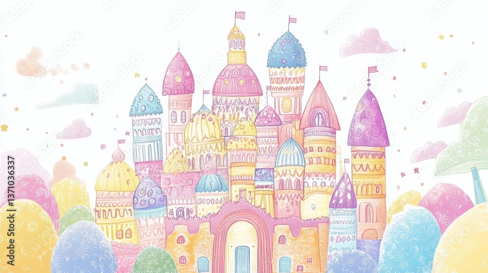 Fototapeta premium Pastel castle illustration whimsical fairytale dreams.
