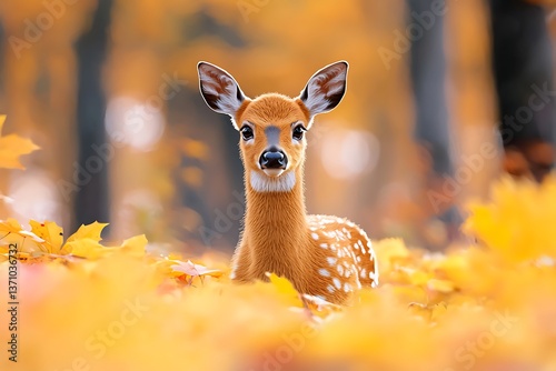 Fawn in Autumn Forest Leaves.