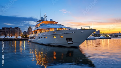 Luxurious yacht at sunset marina