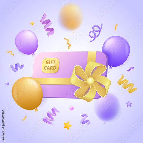 Gift certificate with ribbon, confetti, and balloons. Voucher, coupon for birthday, holiday, or special promotion. Isolated festive reward card for sale banner and marketing. 3d vector illustration.