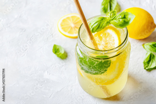 Cold summer lemonade with fresh lemon and mint leaves. Fresh summer drink. With city space.    