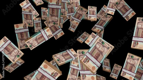 Guatemala quetzal 100 GTQ banknote packs falling loop. Guatemalan money note fall. 3D seamless looped isolated abstract concept of economy, finance, crisis, success and banking.