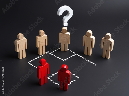 Conceptual image of wooden and red figures connected by dotted lines with a large question mark, symbolizing leadership, decision making, team structure, and organizational management.
 photo