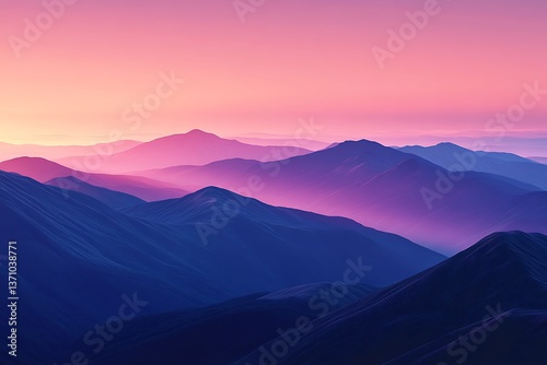 A serene mountain range at sunset painted in soft pastel hues, casting long shadows across the landscape