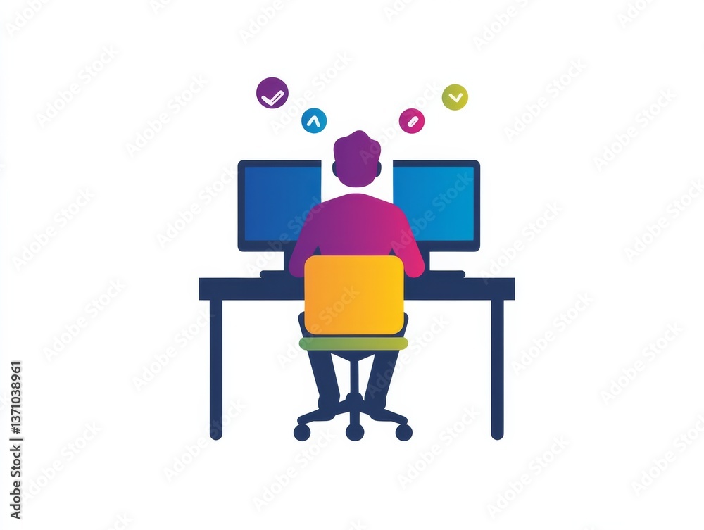 Person Working on Computer at Desk with Checkmarks, Symbolizing Productivity and Accomplishment in a Modern Office Setting Person Working on Computer at Desk with Checkmarks, Symbolizing Productivity and Accomplishment in a Modern Office Setting