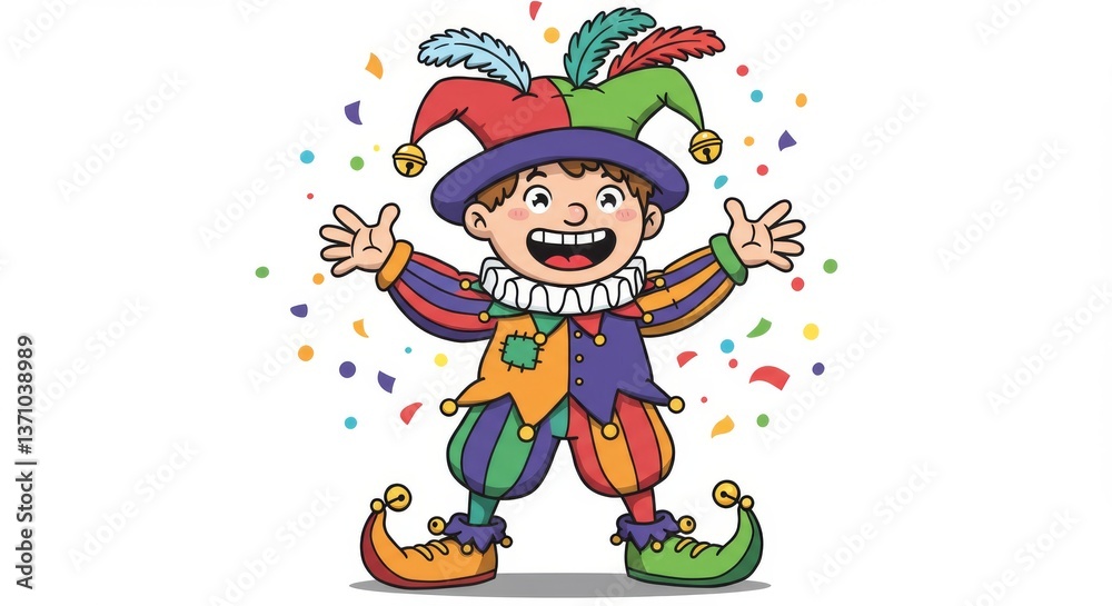 Naklejka premium April Fools Jester Cartoon Fun - Joyful jester celebrates April Fools' Day, symbolizing fun, laughter, pranks, surprises, and festive cheer