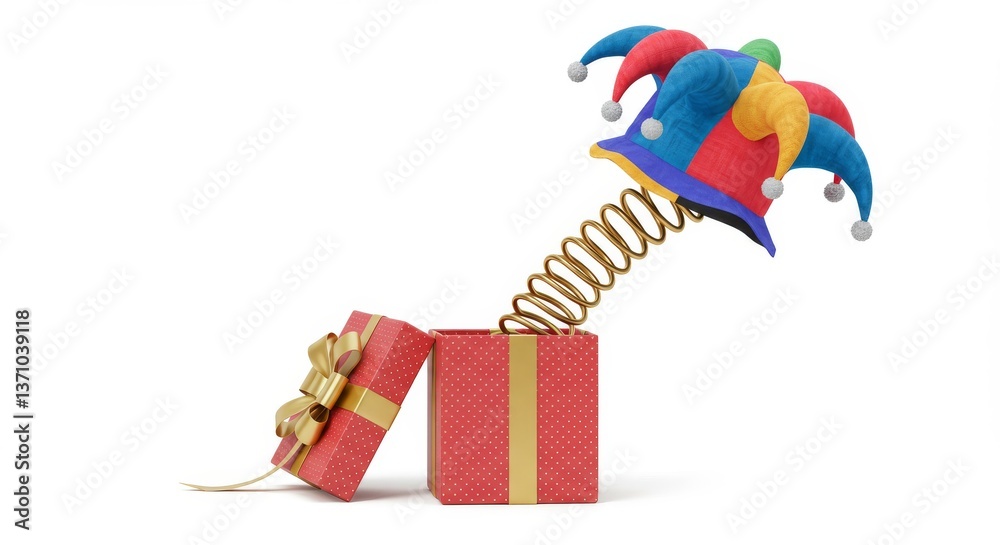 Naklejka premium Surprise Jester Hat in Gift Box - A colorful jester hat springs from a red gift box, a fun and playful perfect for holidays or celebrations
