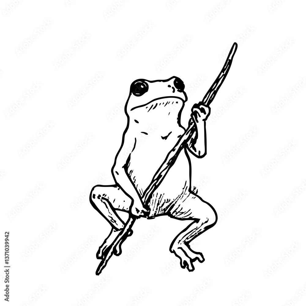 Fototapeta premium Funny Frog Warrior Holding Spear – Hand Drawn Amphibian Illustration for Tattoo, Sticker, or Fantasy Art Design