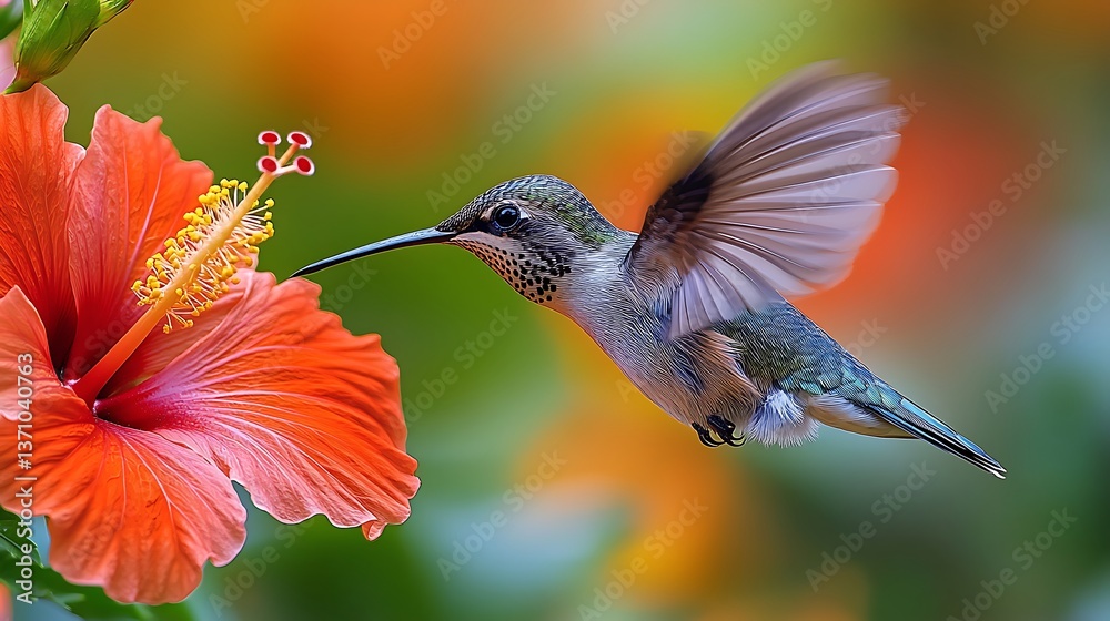 Fototapeta premium Delicate hummingbird enjoying tropical flower nectar high resolution picture