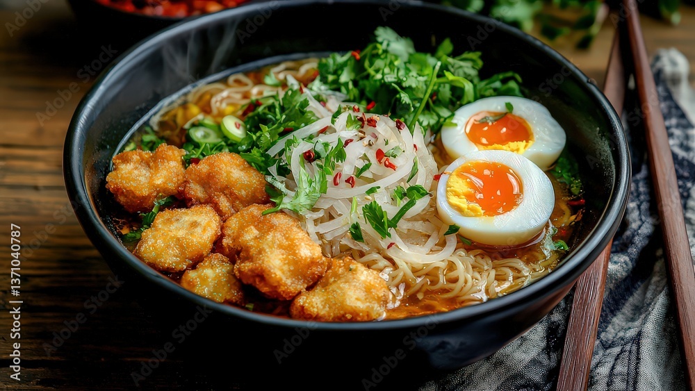 Delicious Ramen Bowl with Fried Chicken and Soft-Boiled Eggs Delicious Ramen Bowl with Fried Chicken and Soft-Boiled Eggs