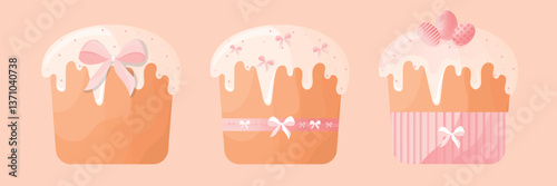 Side view set 3 colored vector illustrations of Easter cakes with whipped cream and dragee. Homemade Easter with Painted Eggs, Pink Bows and Tapes. Isolated on background. For greeting card, sticker