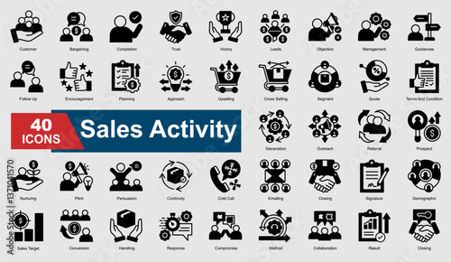 A collection set of black solid Sales Activity icons. Includes conversion, leads, trust, closing, follow-up, and more. Perfect for illustration and design.