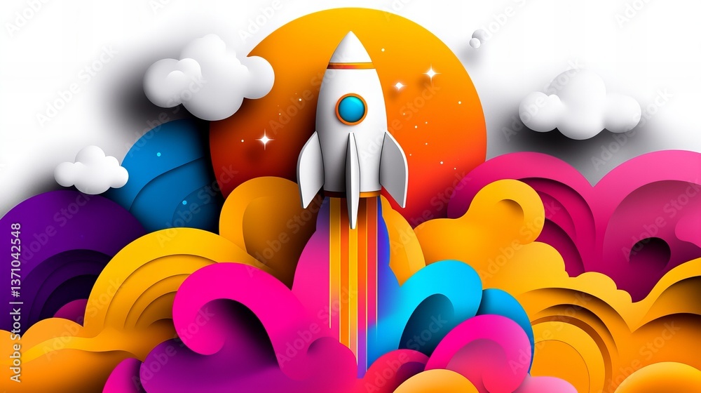White stylized rocket is launching with colorful trails against bright orange circle and puffy clouds.
