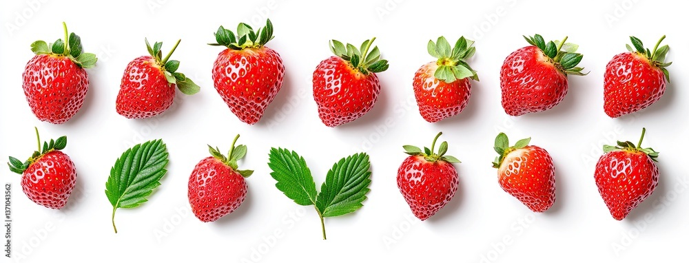Fresh Strawberries and Leaves on White Background Overhead Arrangement Fresh Strawberries and Leaves on White Background Overhead Arrangement